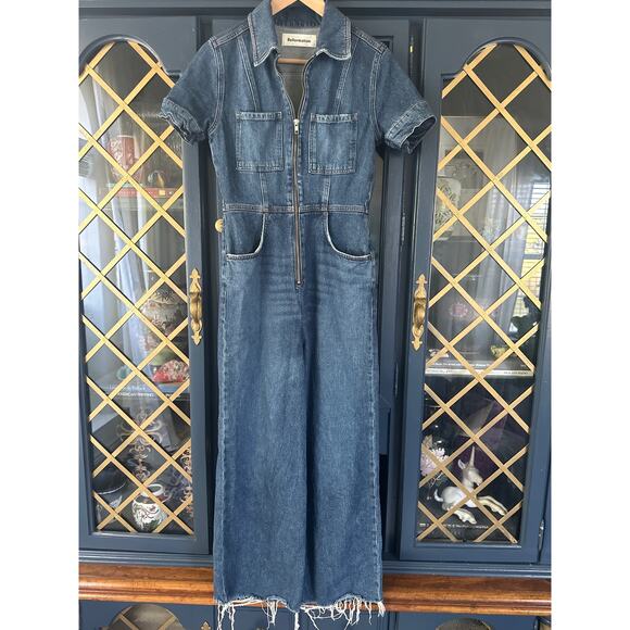 Reformation Dark Denim jumpsuit wide leg patch pockets short sleeve size 2 - Picture 5 of 9